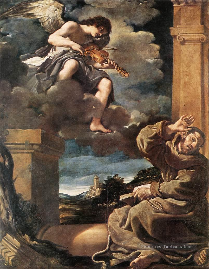 St Francis avec un ange en train de jouer du violon baroque guercino Peintures à l'huile